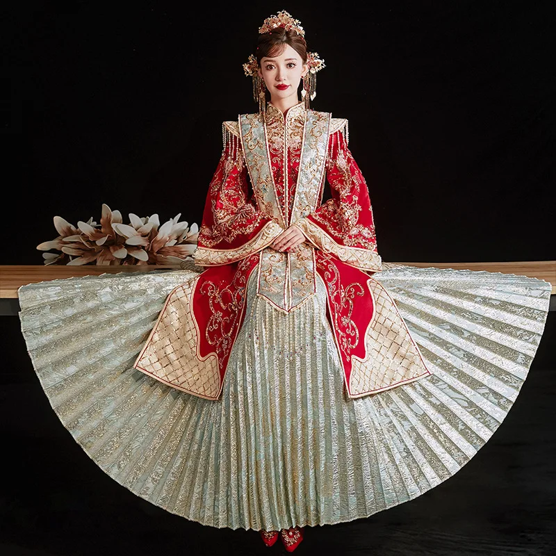 מסורתית מינג מערכת פייטים חרוזים רקמה נישואין להגדיר הכלה החתן טוסט בגדי וינטג ' Cheongsam שמלת החתונה - 5