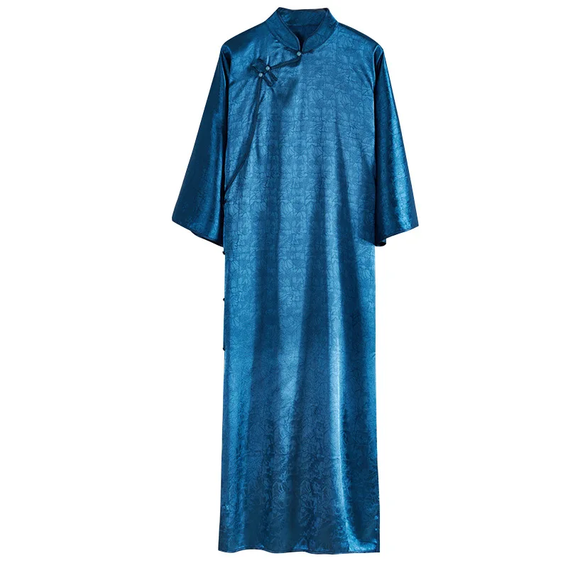 מקורי בציר כחול לעמוד צווארון אקארד חצוצרה שרוול ארוך Cheongsam שמלת נשים אלגנטי חופשי מזדמן כל יום צ ' יפאו השמלה - 5