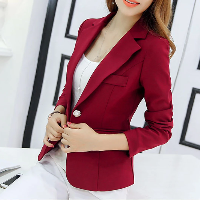 נשים מוצק מעיל חדש קוריאני אופנה ארוך שרוול סלים ג ' קט משרד גבירותיי לחצן יחיד מזדמן חליפות מעילים, בלייזרים - 5