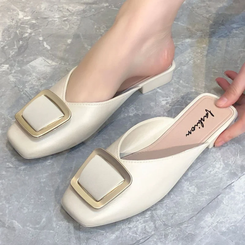 נשים נעלי קיץ להחליק על פרדות מזדמנים נעלי אבזם רבוע הבוהן נעליים שטוחות סנדלים מעצב מותג סנדלי נשים 2021 אופנה חדשה - 5