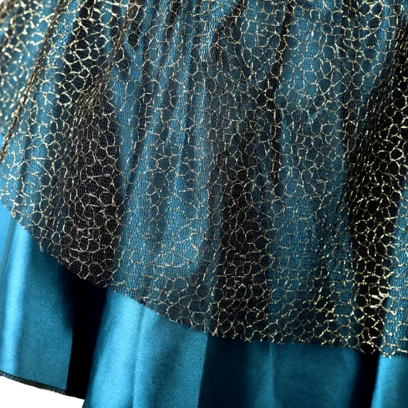 נשים סקסי טווס כחול מחוך שמלת וינטג סאטן Cincher סלים הולם של הגברת המחוך העליון עם רשת מיני עם קפלים חצאית סט - 5