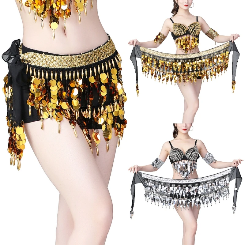 נשים ריקודי בטן היפ צעיף 3 שורה חגורת חצאית עם זהב Bellydance צליל מטבעות המותניים שרשרת גלישה למבוגרים לרקוד ללבוש אביזרים - 5