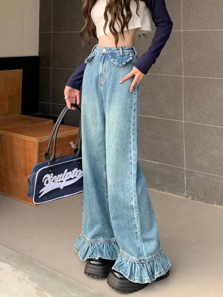 רחב הרגל ג 'ינס נשים S-4XL קפלים עיצוב ג' ינס מכנסיים אופנת רחוב שטף אישי נשי Джинсы Y2k בגדים וינטג ' אמריקאי - 5